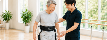 HALを装着して歩行練習をする利用者と専門スタッフ