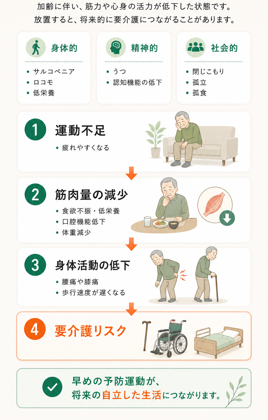 フレイル(虚弱)の進行:身体的(サルコペニア・ロコモ・低栄養)/精神的(うつ・認知機能の低下)/社会的(閉じこもり・孤立・孤食)。運動不足→筋肉量の減少→身体活動の低下→要介護リスク。早めの予防運動が将来の自立した生活につながります。